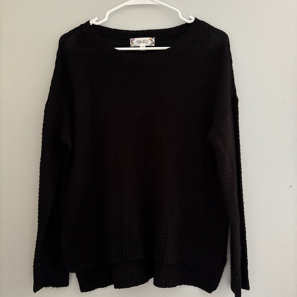 Pink Rose Black Crew Neck Sweater